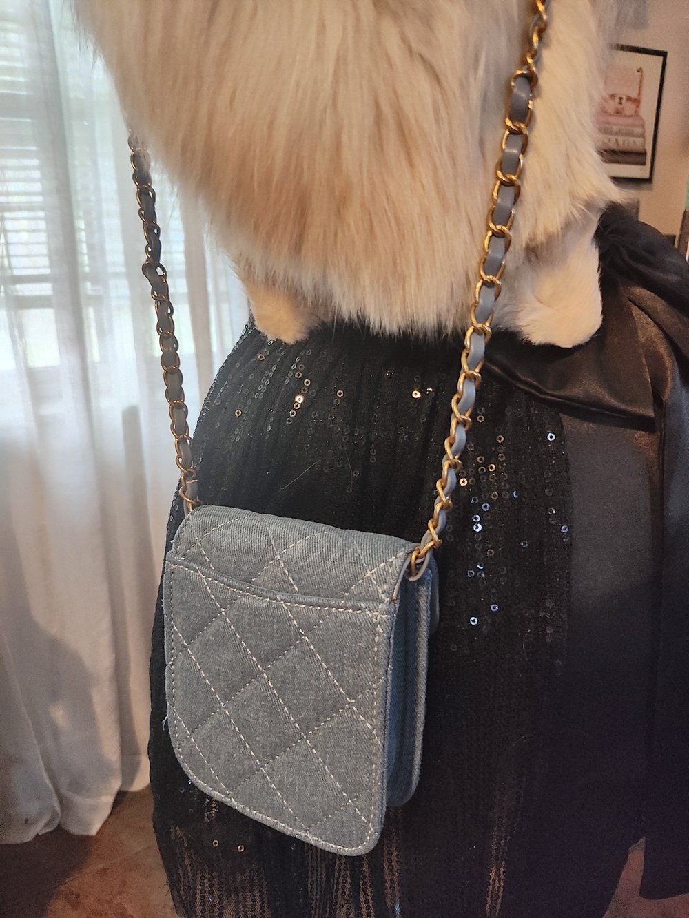 Quilted Novelty Denim Mini Crossbody in Faded Blue with Gold Hardware - Picture 2 of 7